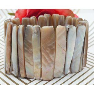 Bohemian White & Brown Neutral Abalone Shell Wide Stretch Bracelet Beach Nature